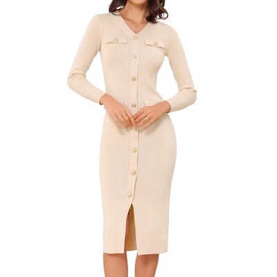 INSPIRE CHIC Women's V Neck Long Sleeve Button Decor Knit Midi Bodycon Sweater Dress