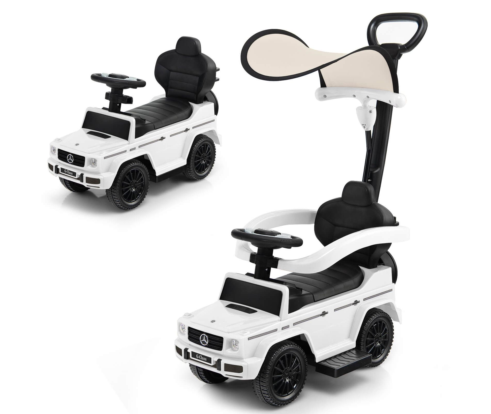 Costway 3 in 1 Ride on Push Car Mercedes Benz G350 Stroller Sliding Car w/ Canopy White