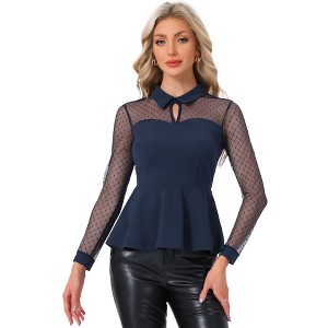 INSPIRE CHIC Women's Mesh Sheer Long Sleeve Turn Down Collar Keyhole Peplum Top - 1 of 4