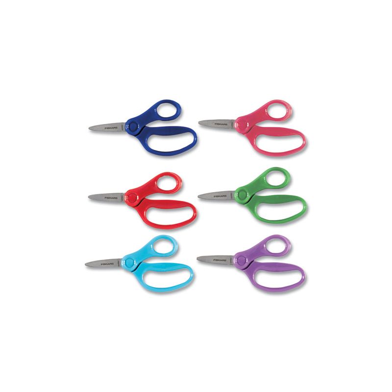 Fiskars Kids Scissors, Pointed Tip, 5" Long, 1.75" Cut Length, Straight Handles, Randomly Assorted Colors, 1 of 8