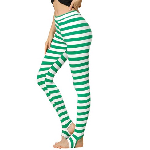 Allegra K Women's Printed High Waist Elastic Waistband Yoga Stirrup Pants  Green White-Stripe Large