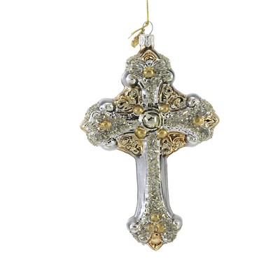 Huras 6.25" Silver Gold Ornate Cross Ornament Religious Blessing  -  Tree Ornaments