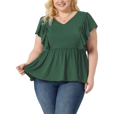 Agnes Orinda Women's Plus Size V Neck Ruffle Sleeve Pleated Peplum Blouse  Green 2X