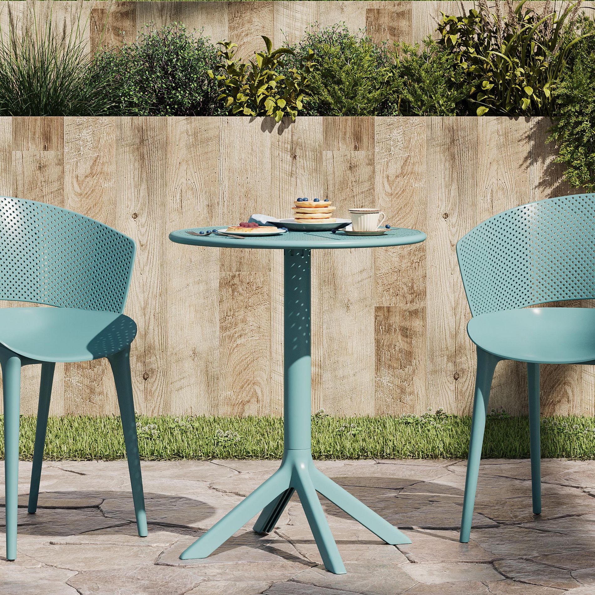 ModernLuxe Outdoor Bistro Table, Round Cafe-Inspired Small Patio Dining Table with Accent Column Base for Balcony, Garden & Poolside, Sky Blue