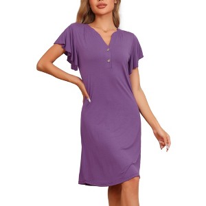 INSPIRE CHIC Women's V-Neck Button Front Ruffle Short Sleeve Nightgowns - 1 of 4
