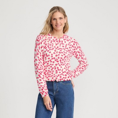 Lands' End Women's Fine Gauge Eyelash Cardigan Printed Sweater