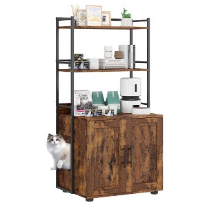 Cat Litter Box Enclosure, 2-in-1 Cat Litter Box Furniture Hidden with 2 Tier Storage Shelves and Doors, Wooden Cat Washroom Furniture - 1 of 4