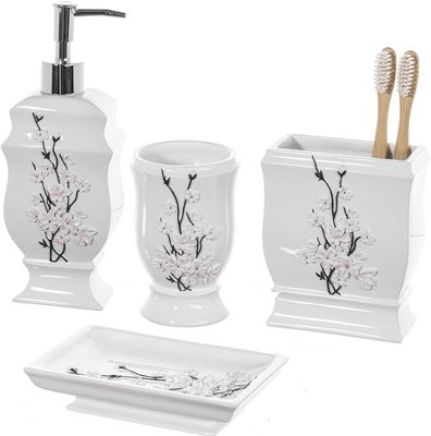 White Ceramic Floral 4-Piece Bathroom Accessory Set