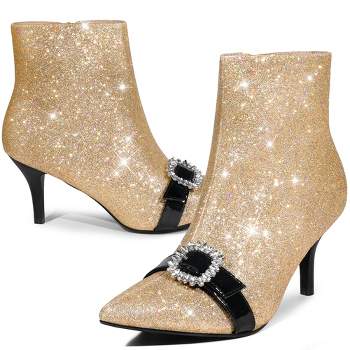 Perphy Women's Rhinestones Pointed Toe Stiletto Heel Glitter Ankle Boots