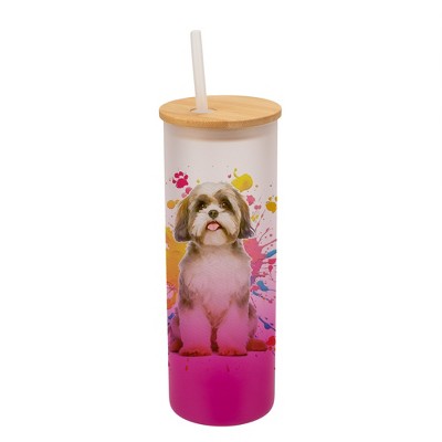 100 North 25 Ounce Frosted Glass Gradient Travel Tumbler With Straw & Wooden Lid, Shih Tzu Dog Paint Splatter Pink