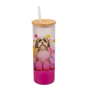 100 North 25 Ounce Frosted Glass Gradient Travel Tumbler With Straw & Wooden Lid, Shih Tzu Dog Paint Splatter Pink - 1 of 4