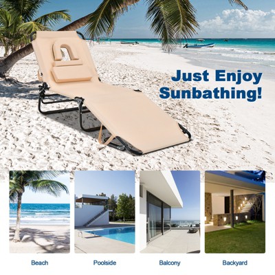 Beige Adjustable Folding Outdoor Chaise Lounge Chair with Cushion