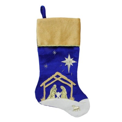 Northlight 20.5" Blue and Gold Nativity Scene Christmas Stocking with Gold Cuff