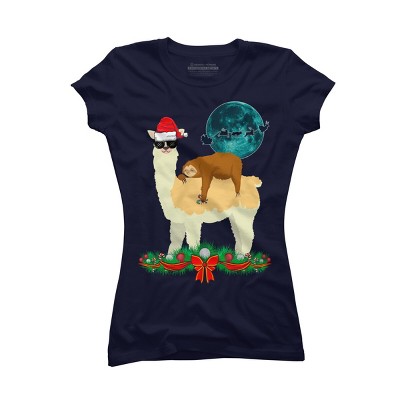 Junior's Design By Humans Llama With Glasses Sleeping Sloth Christmas Santa By TeeShirtMadness T-Shirt