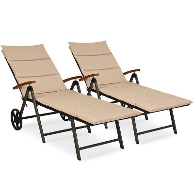 Tangkula 2PCS Folding Outdoor Rattan Chaise Lounge Chair Cushioned Recliner with Wheels& Cushions
