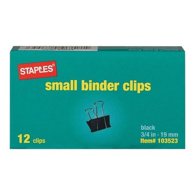 Staples Binder Clips Small 3/4" Width 3/8" Capacity Black 12/Pk 15350