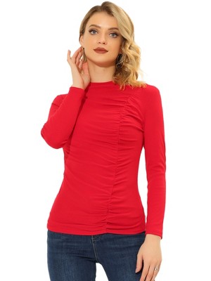 INSPIRE CHIC Women's Long Sleeve High Neck Ruched Front Fitted Blouse
