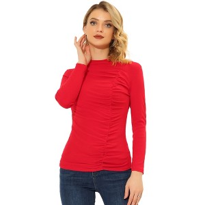 INSPIRE CHIC Women's Long Sleeve High Neck Ruched Front Fitted Blouse - 1 of 4