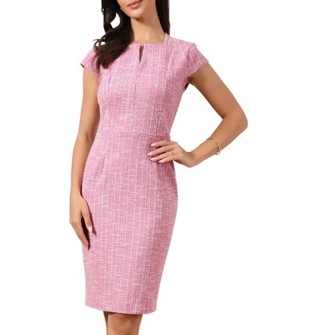 Женские платья INSPIRE CHIC Women's Tweed Cap Sleeves Split Neck Casual Work Office Bodycon Midi Dresses Small Pink