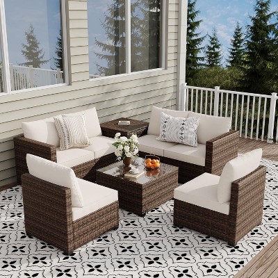 brown four-lined rattan with beige cushion