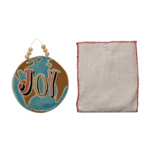 Storied Home Round Handmade Stoneware Ornament with Wax Relief "Joy" in Linen Bag, Multicolor - 1 of 1