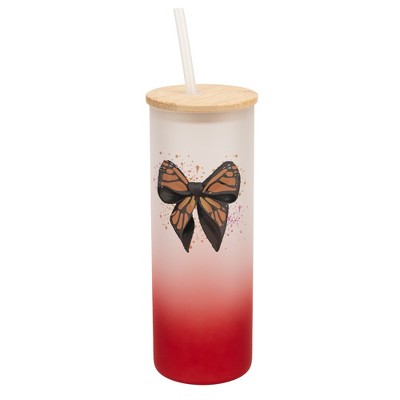 Elanze Designs 25 Ounce Frosted Glass Gradient Travel Tumbler With Straw and Wooden Lid, Orange Monarch Bow Red