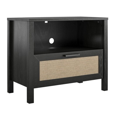 Black Oak and Faux Rattan 1-Drawer Nightstand with Steel Handle