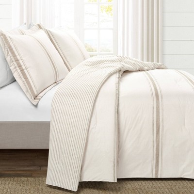 3pc Full/Queen Farmhouse Stripe Reversible Cotton Comforter & Sham Set Neutral - Lush Décor