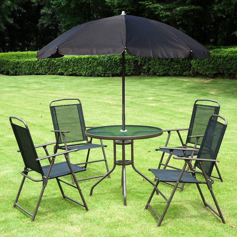 Outsunny 6 Piece Patio Dining Set for 4 with Umbrella, 4 Folding Dining Chairs & Round Glass Table for Garden, Backyard, and Poolside, 4 of 11