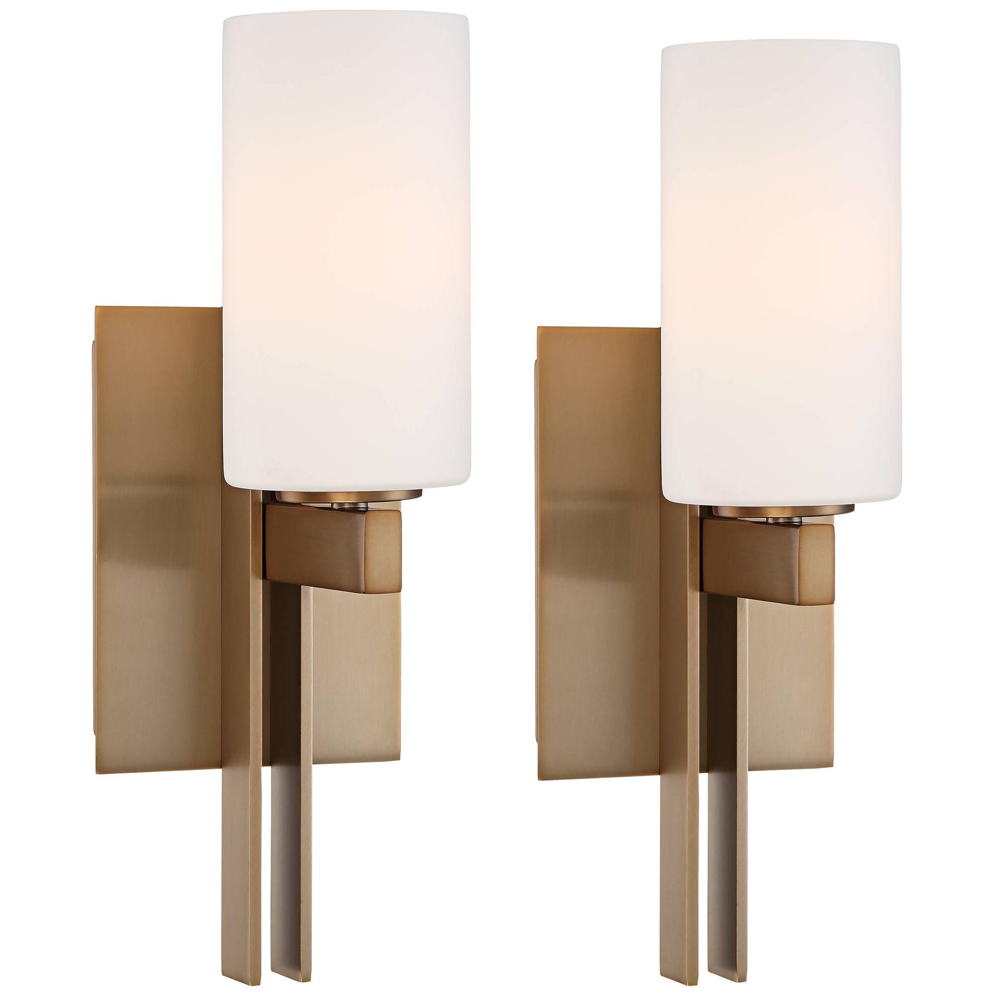 Possini Euro Design Ludlow Modern Wall Light Sconces Set of 2 Burnished Brass Hardwire 4 1/2" Fixture White Glass for Bedroom Bathroom Vanity Reading