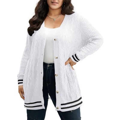 Open Front Cardigan for Women Cable Knit Sweater with Pockets Plus Size Long Sleeve Tops Button Down