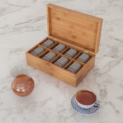Bamboo Tea Box Storage Organizer- 8 Compartment Chest for 120+ Standing or Flat Tea Bags, Natural Wood Portable Kitchen Accessory by Hastings Home