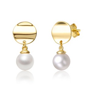 Guili Sterling Silver 14K Yellow Gold Plated Earrings with White Freshwater Pearl & Gold Medallion Coin, Double Drop Dangle Design - 1 of 2