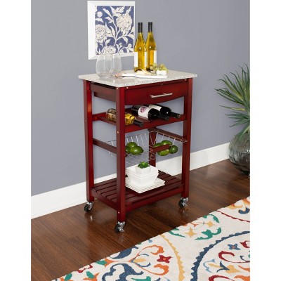 Small Red Pine Kitchen Cart with Granite Top and Wine Rack