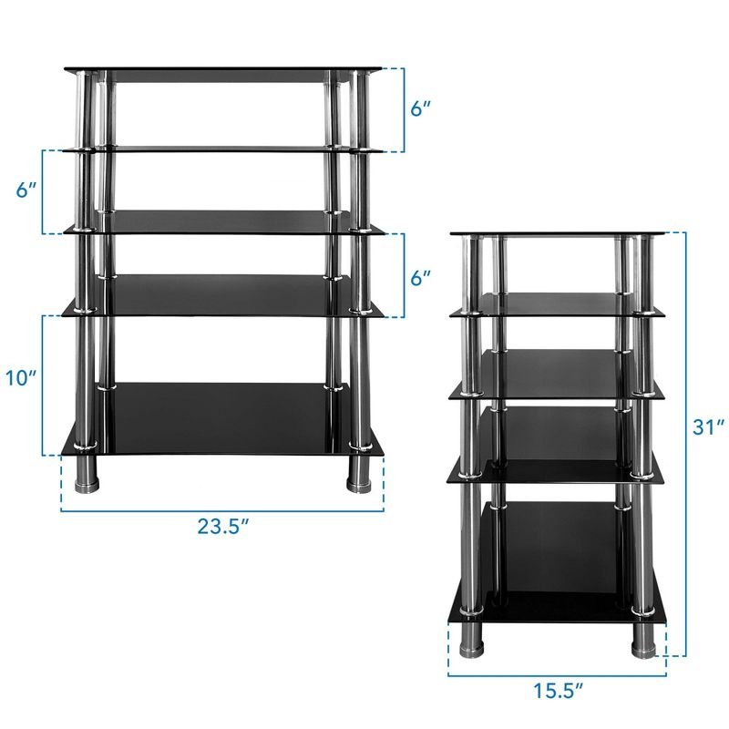 Mount-It! Tempered Glass AV Component Media Stand, Audio Tower and Media Center with 5 Shelves, 220 Lbs Total Capacity, Black Shelves Chrome Legs, 5 of 9