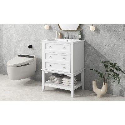 Okak Bathroom Vanity with Ceramic Sink Combo, Floorstanding Single Vanity with Storage Rack & Adjustable Shelve, Soft Closing Door Cabinet
