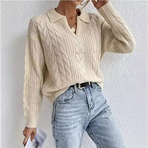 Coolmee Women's Cable Knit Sweaters Long Sleeve V Neck Pullover Tops Casual Lightweight Lapel Sweaters Fashion Fall Outfits S Apricot - 1 of 4
