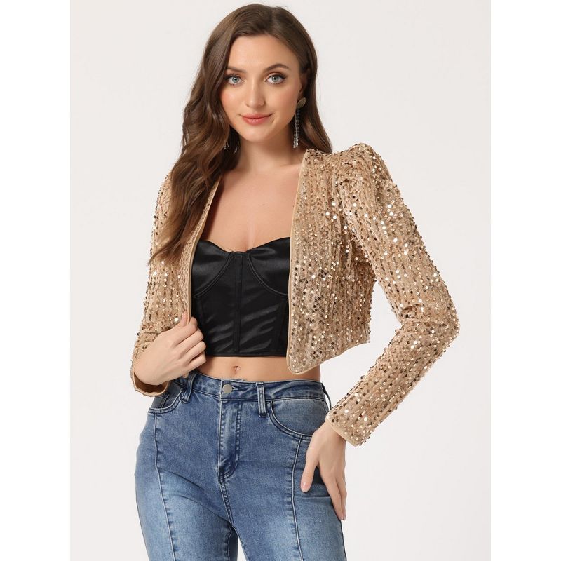 Allegra K Women's Sequin Long Sleeve Open Front Party Cropped Jacket, 2 of 6