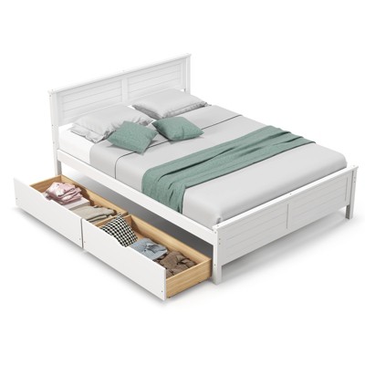 Infans Full Wooden Platform Bed Frame with Two Storage Drawers Slats Support White