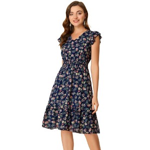 Allegra K Women's Floral Flutter Sleeves V Neck Smocked Ruffle Sundresses - 1 of 4