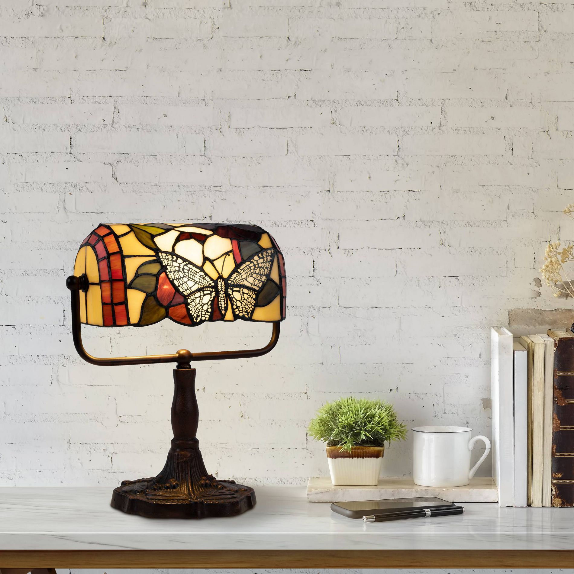 Tiffany Style Bankers Lamp with Butterfly Design (Includes LED Light Bulb) - Trademark Global: Stained Glass, Swivel Arm