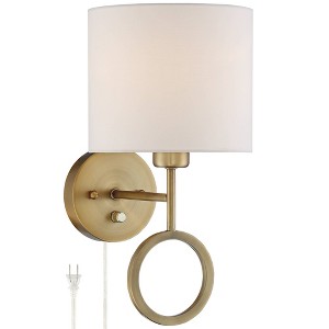 360 Lighting Amidon Modern Wall Lamp Warm Brass Metal Plug-in 8" Light Fixture White Fabric Drum Shade for Bedroom Reading Living Room House Home - 1 of 4
