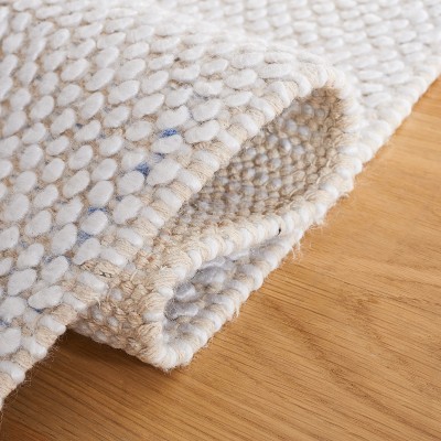 Ivory and Blue Striped Square Wool Area Rug, 6' x 6'