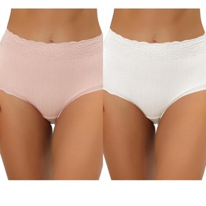 Allegra K Women's High Waist Tummy Control Comfortable Lace Trim Ribbed Brief 2 Packs - 1 of 4