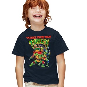 Teenage Mutant Ninja Turtles: Mutant Mayhem Logo With Group Kids T Shirt For Youth, Navy - 1 of 4