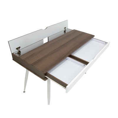 Mid-Century Modern White/Chestnut Writing Desk with Split Drawer