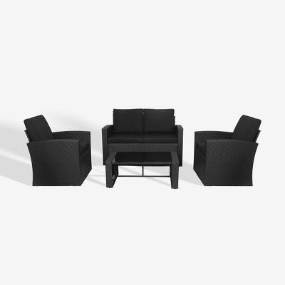 WestinTrends 4-Piece Wicker Outdoor Patio Conversation Sofa Set with Coffee Table, Black/Black