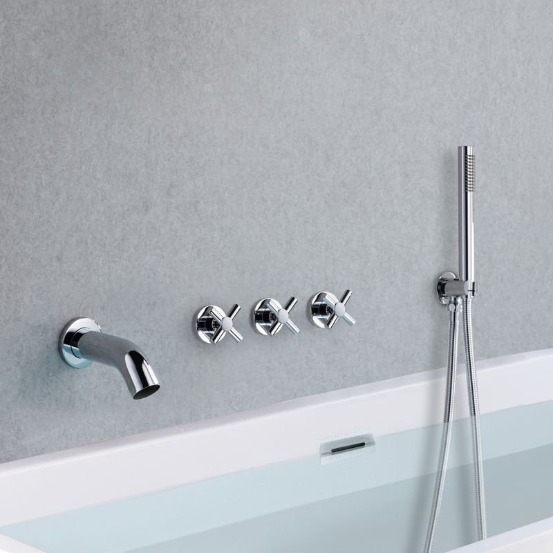 Sumerain Wall Mount Tub Filler Waterfall Tub Faucet with Handheld Shower and 3 Cross Handles, Chrome, 3 of 10