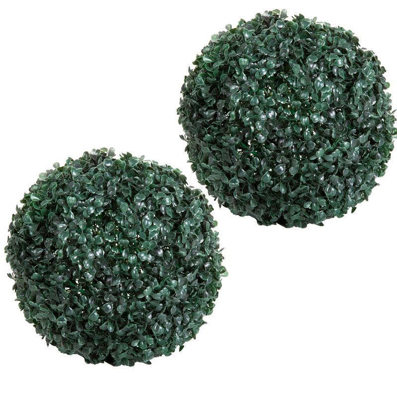 Solar Powered LED Faux Topiary Ball Pair Set of 2 Pre-lit Artificial Boxwood Balls with Rechargeable Battery Outdoor Greenery Decor by Pure Garden, 1 of 7