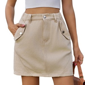 Women's Short Cargo Denim Skirt Solid Color Half Elastic Waisted Jeans Skirts Spring Summer Pocket Button Skirt - 1 of 4